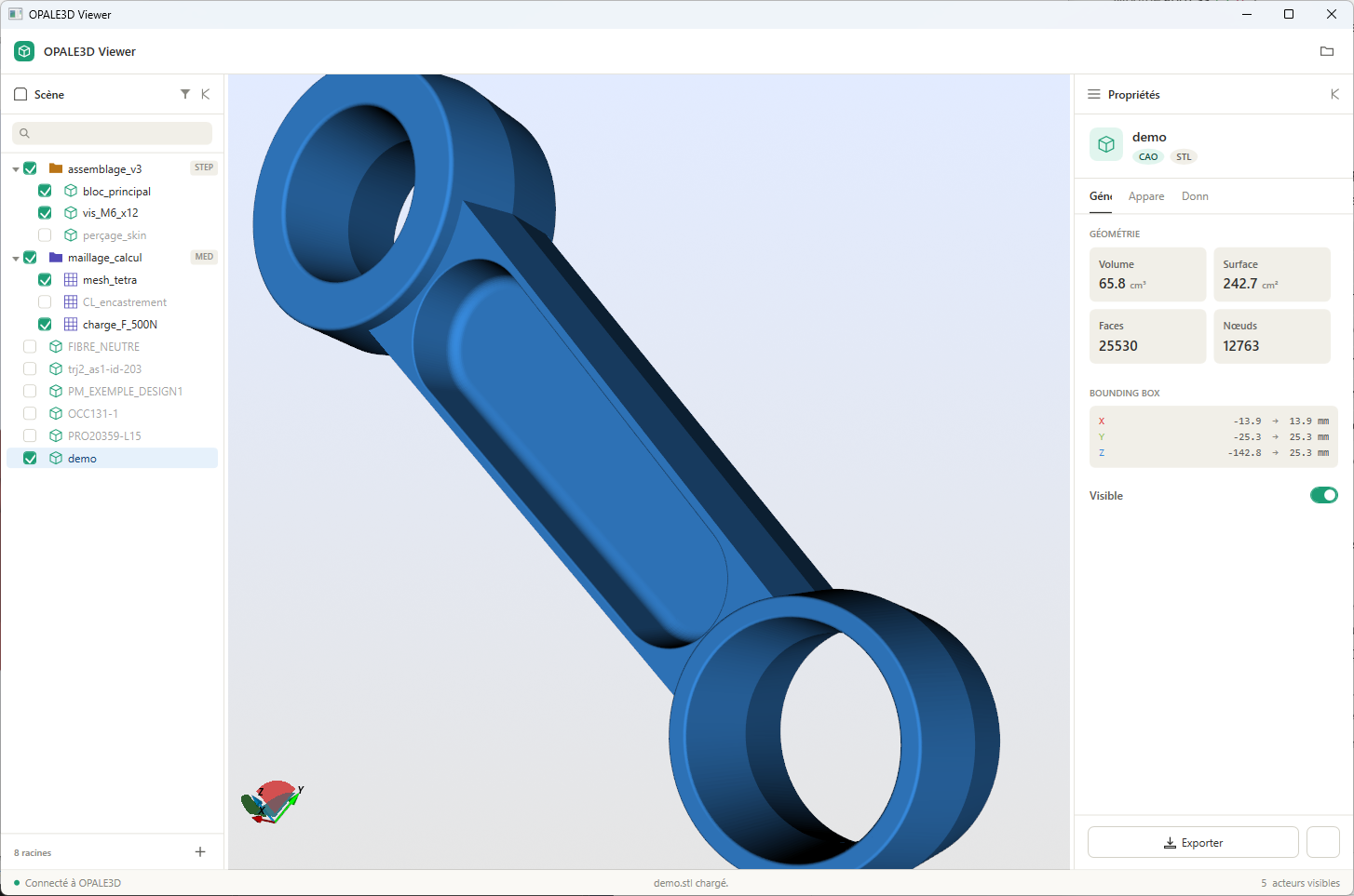 OPALE3D Viewer : une bielle mécanique rendue en 3D dans une application .NET, avec analyse géométrique (volume, surface, maillage) et arbre de scène.